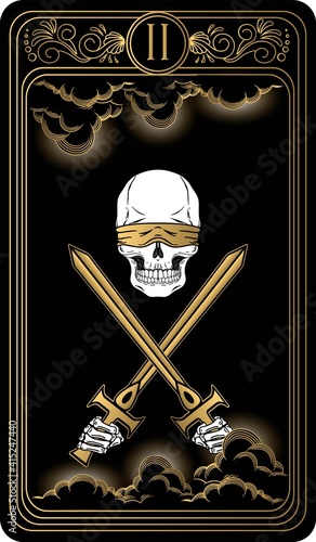 Two of swords. Card of Minor arcana black and gold tarot cards. Tarot deck. Vector hand drawn illustration with scull, occult, mystical and esoteric symbols.