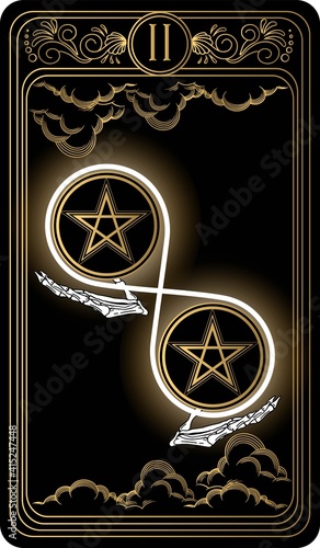 Two of pentacles. Card of Minor arcana black and gold tarot cards. Tarot deck. Vector hand drawn illustration with skulls, occult, mystical and esoteric symbols.