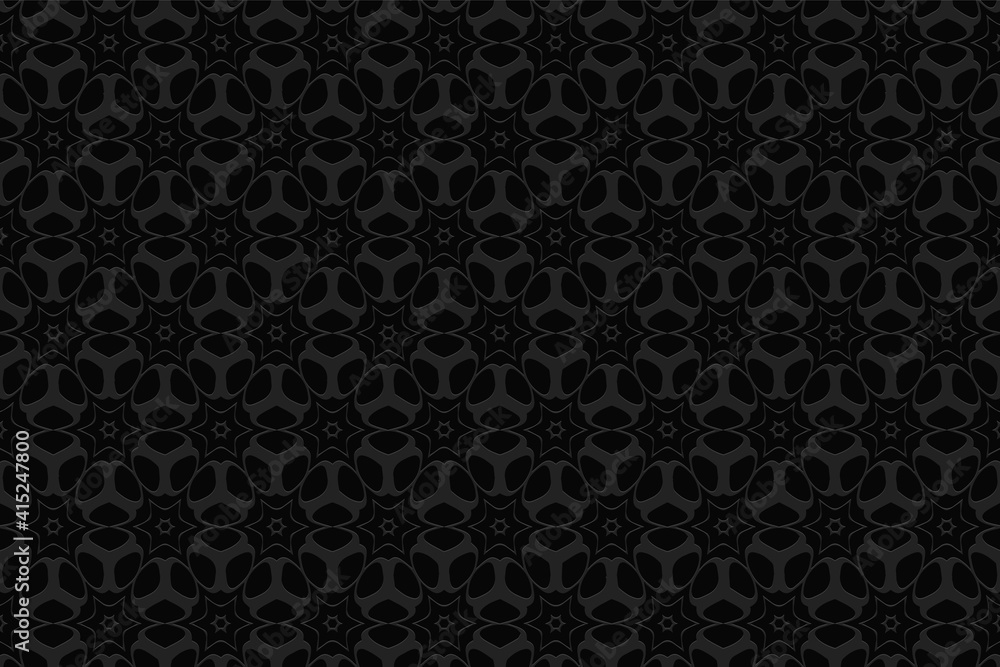 Geometric black convex volumetric 3D background. Ornament with a relief pattern of ethnic elements. Shaped texture for wallpaper, business cards, presentations.