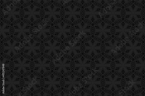 Geometric black convex volumetric 3D background. Ornament with a relief pattern of ethnic elements and stylized circles. Stylish texture for wallpaper, presentations.