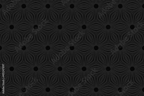 Geometric black convex volumetric 3D background. Ornament with a relief pattern from ethnic elements. Fashionable texture based on folk motives.