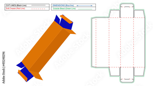 Tuck End or Straight Tuck End box dieline template and 3D render of Straight Tuck End box