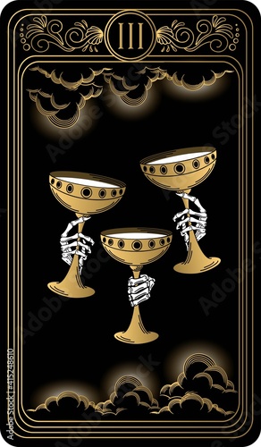 Three of cups. Card of Minor arcana black and gold tarot cards. Tarot deck. Vector hand drawn illustration with occult, mystical and esoteric symbols.