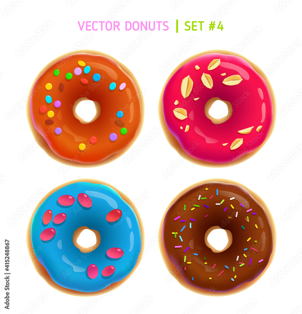 Fototapeta premium Realistic colorful Donuts in different glazes isolated on white background vector illustration. Top view Doughnuts poster for pastry bakery shop