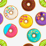 Colorful cartoon donuts vector Seamless pattern background. Doughnuts endless fashion background. Template for print fabric and wrapping paper. Vector illustration