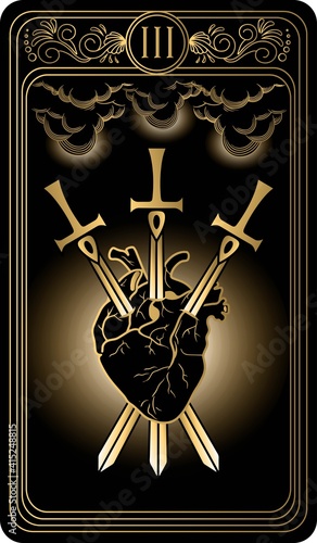 The Three of swords. Card of Minor arcana black and gold tarot cards. Tarot deck. Vector hand drawn illustration with skulls, occult, mystical and esoteric symbols.
