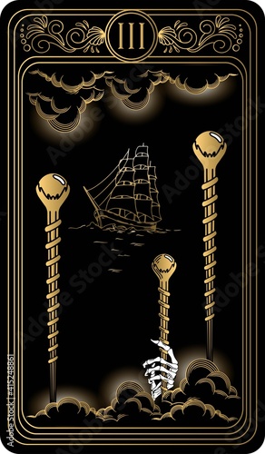 Three of wands. Card of Minor arcana black and gold tarot cards. Tarot deck. Vector hand drawn illustration with occult, mystical and esoteric symbols.