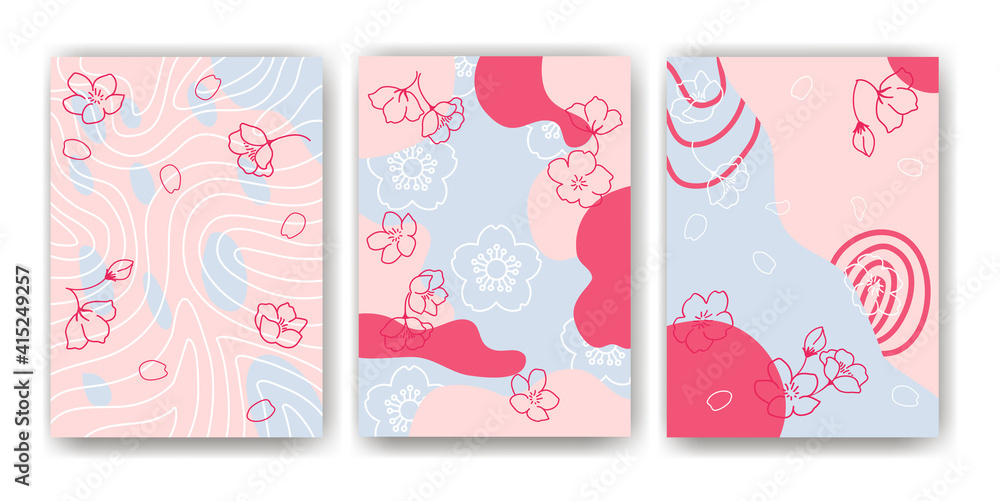 Abstract shape arts vector illustrations background with floral emblem and pattern of spring cherry blossom . postcard, or brochure, page, business report cover design. pink blue tone color