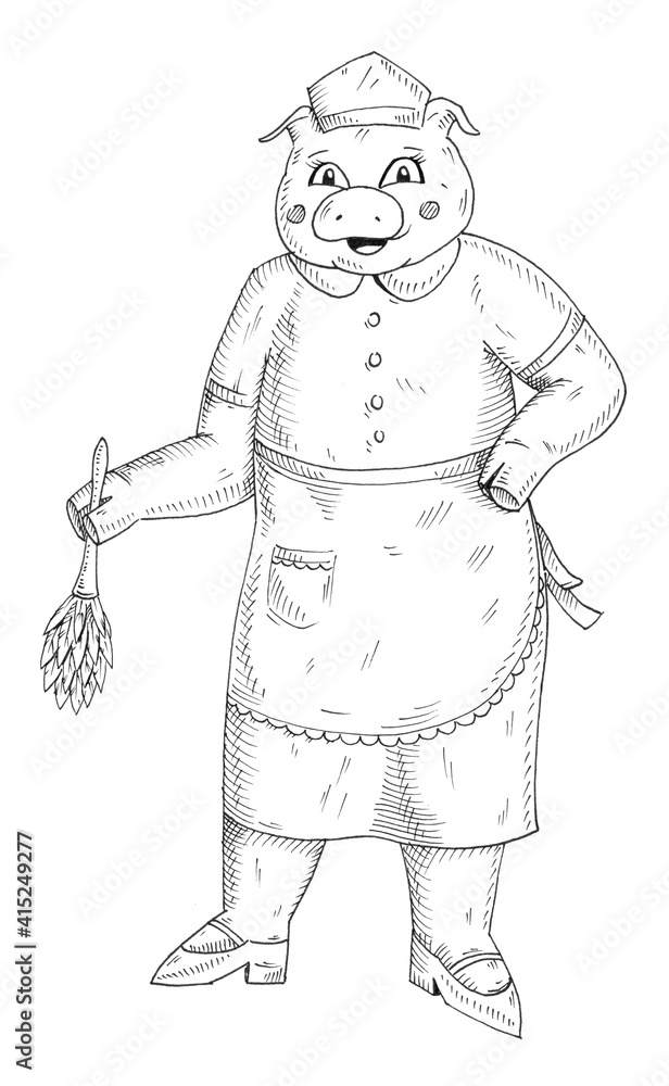 Fototapeta premium Pig is dressed in maid costume and wipes the dust. Hatching illustration