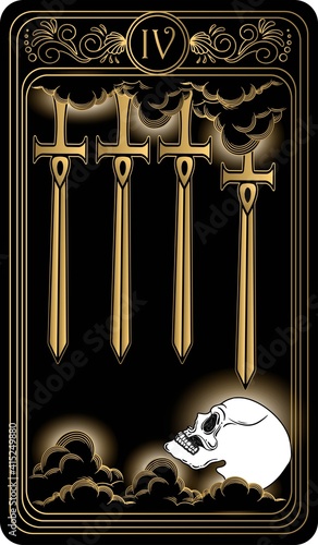 Four of swords. Card of Minor arcana black and gold tarot cards. Tarot deck. Vector hand drawn illustration with scull, occult, mystical and esoteric symbols.