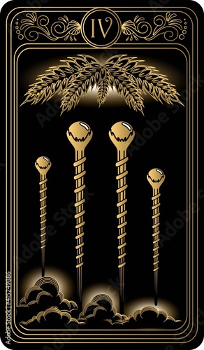 Four of wands. Card of Minor arcana black and gold tarot cards. Tarot deck. Vector hand drawn illustration with occult, mystical and esoteric symbols.