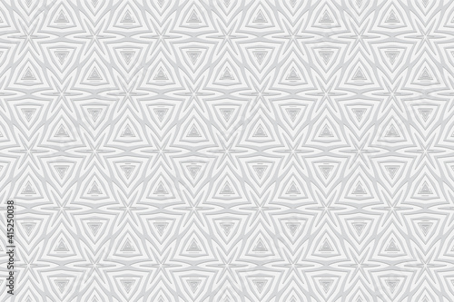 Geometric white convex volumetric 3D background. Ornament with embossed ethnic pattern. Texture for design and decor.