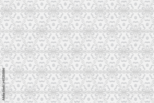 Geometric white convex volumetric 3D background. Ornament with embossed ethnic floral pattern. Openwork texture for design and decor.