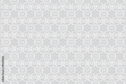 Geometric white decorative convex volumetric 3D background. Ornament with a relief pattern from ethnic elements. Texture for presentations.