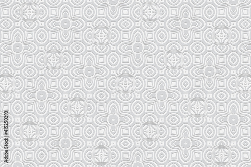 Geometric white convex volumetric 3D background. Ornament with a relief pattern of ethnic elements and figures. Texture in the style of Indian doodling for presentations, wallpapers.