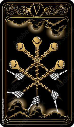 Five of wands. Card of Minor arcana black and gold tarot cards. Tarot deck. Vector hand drawn illustration with occult, mystical and esoteric symbols.