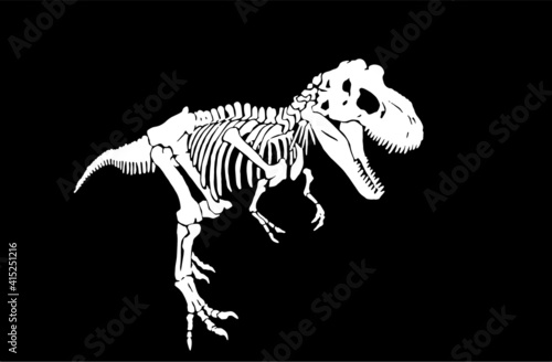 Graphical skeleton of tyranosaurus isolated on black background,vector engraved illustration, paleontology