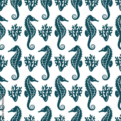 seamless nautical pattern with seahorse and coral on white background