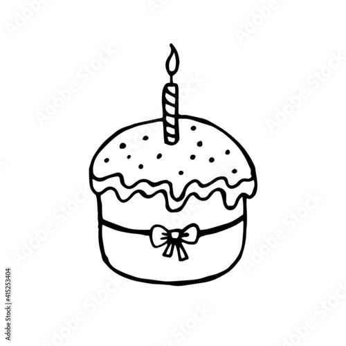 Easter cake with candle hand drawing doodle style sketch isolated on white background. Vector stock illustration. 