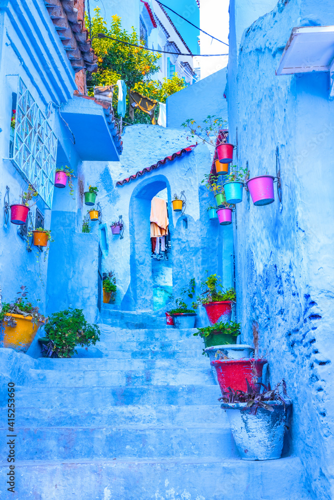 Chefchaouen, a city with blue painted houses and narrow, beautiful, blue streets, Morocco, Africa