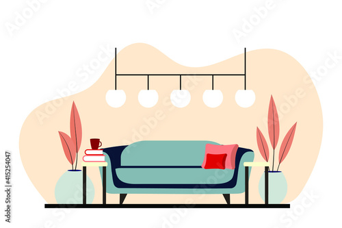 Stylish apartment interiors in Scandinavian style with modern decor. Cozy furnished living room. Cartoon flat vector illustration. Bright, stylish and comfortable furniture with indoor plants. 