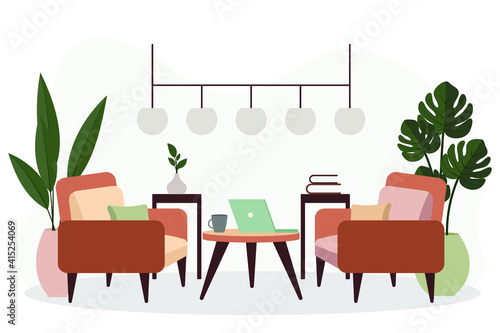 Stylish apartment interiors in Scandinavian style with modern decor. Cozy furnished living room. Cartoon flat vector illustration. Bright, stylish and comfortable furniture with indoor plants. 