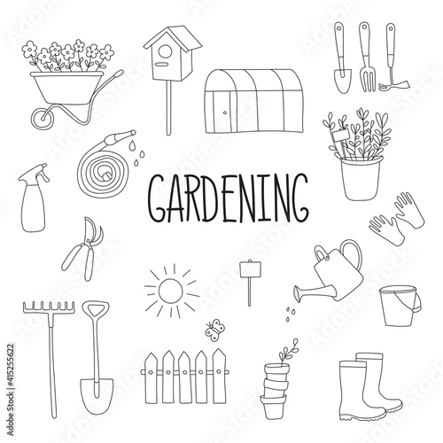 set of illustrations on the theme of gardening in doodle style