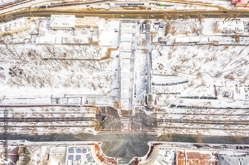 Bird view on the monument to Duke Richelieu in Odessa, Ukraine after snow blizzard. February 8, 2021. photo