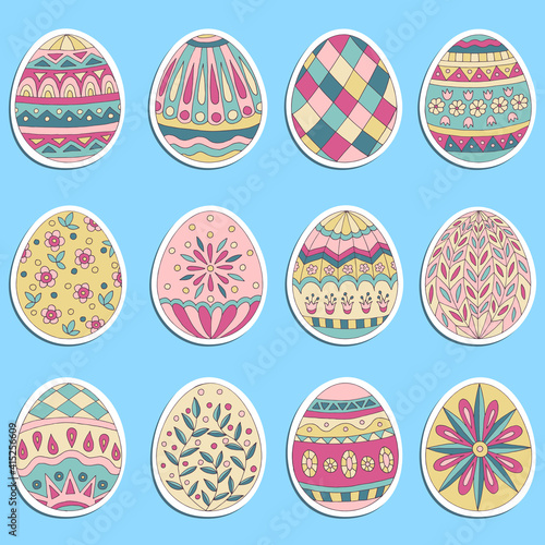 Set of stickers with doodle Easter eggs