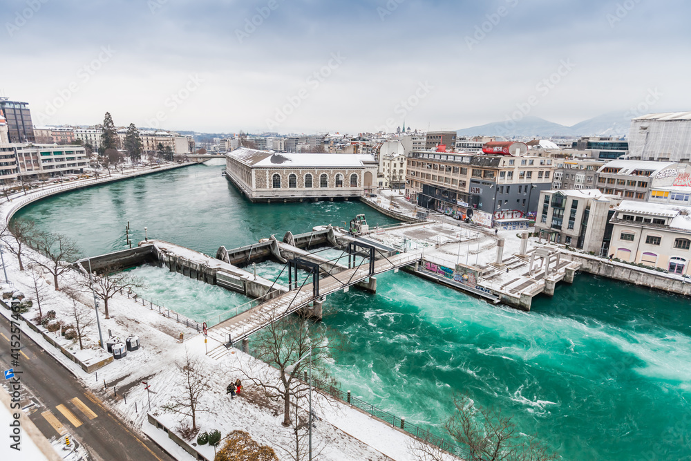 Huge turbulence in water at the water locks on Rhone, Switzerland, Geneva, February 13, 2021. 