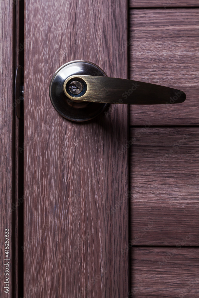 Obraz premium Metal door handle with lock close-up. Front view.