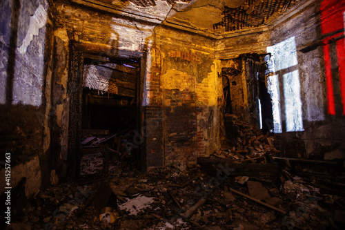 Interior of old historical mansion after fire
