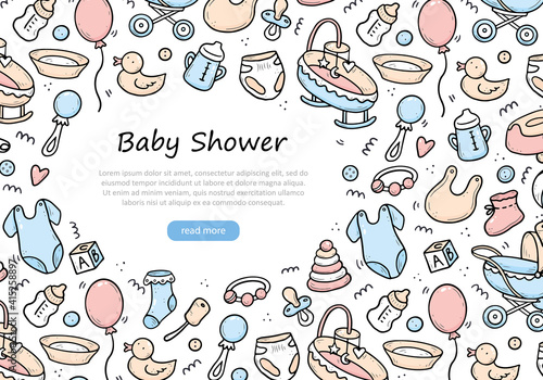 Hand drawn banner of baby shower things, toy, rattle, milk bootle, clothes. Doodle sketch style. Baby element drawn by digital pen. Illustration for banner, background design template.