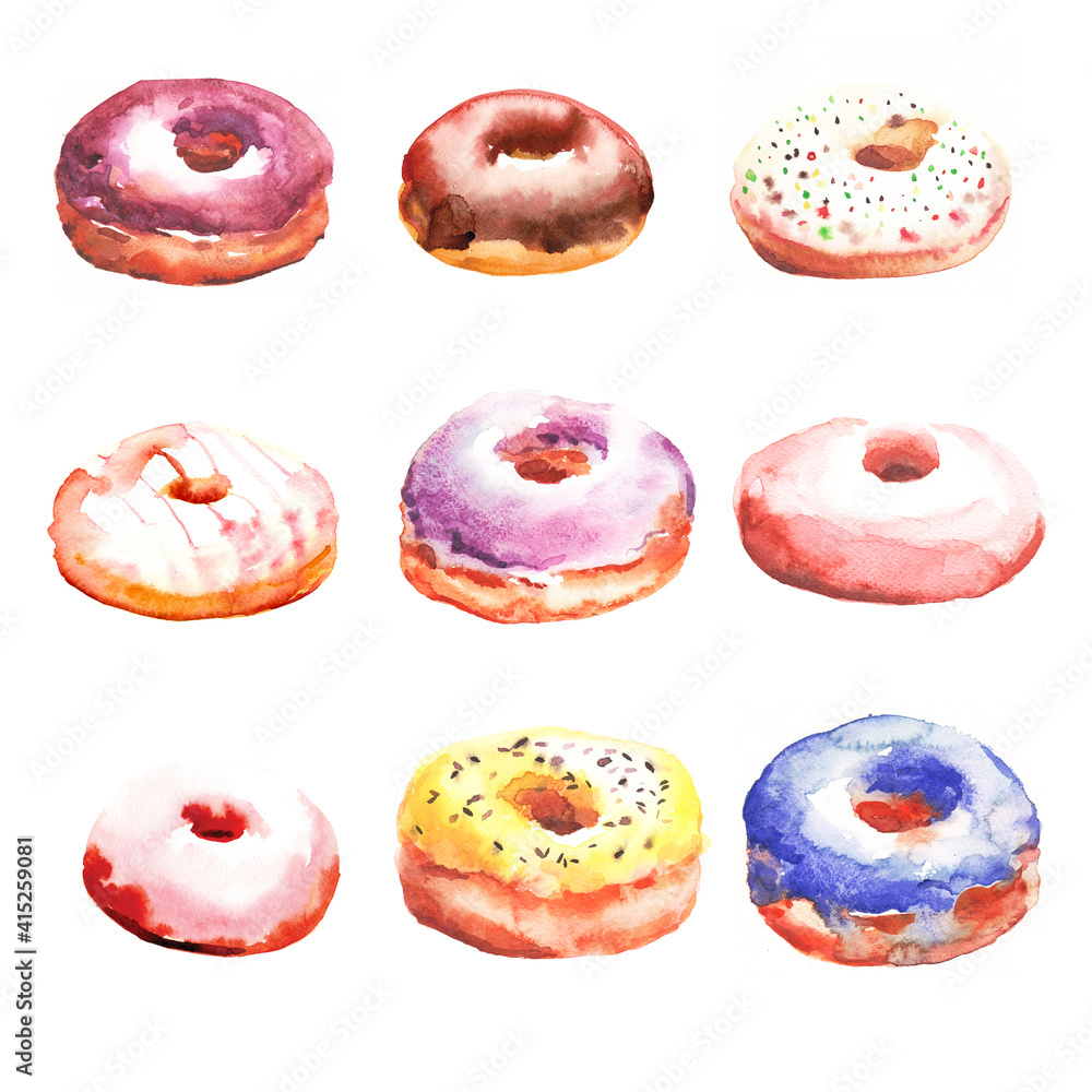 Watercolour painted set of colourful glazed donut. Yellow pink chocolate blue top, different flavours and test. Use for article illustration decoration and design. Food art. Sweet dessert.
Watercolour painted set of colourful glazed donut. Yellow pink chocolate blue top, different flavours and test. Use for article illustration decoration and design. Food art. Sweet dessert.