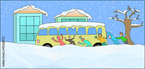 People push bus stuck in the snow. Very snowy winter. Color illustration