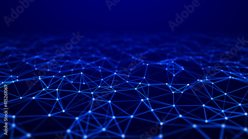 Corrupted network or connection. Abstract digital background of points and lines. Glowing plexus. Big data. Abstract technology science background. 3d rendering