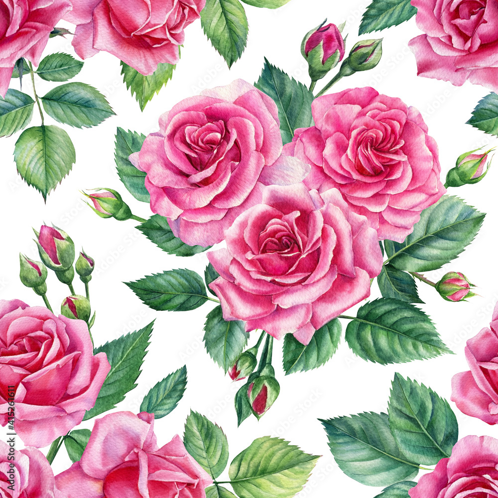 Seamless patterns of branches of roses, buds and leaves on an isolated background. Watercolor flowers Seamless patterns of branches of roses, buds and leaves on an isolated background. Watercolor flowers
