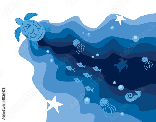 Tortoise animal and fishes at sea vector design