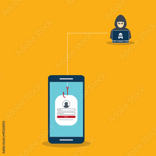 Hacker and sign-in form on fishing hook on the screen of a smartphone. Scam and phishing concept. 