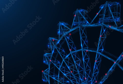 A futuristic Ferris wheel. Polygonal 3D design of the attraction made of interlocked lines and dots. Blue background.