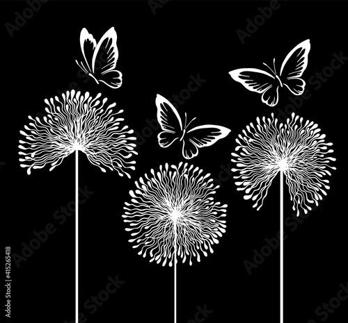 Dandelions with butterflies. Vector illustration