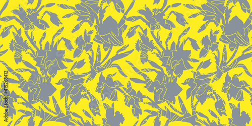 Floral seamless pattern with ultimate gray silhouettes of daffodil flowers on yellow illuminating. Colors trend hand drawn vector graphic. Template for textile, wallpaper, bedding, package design 