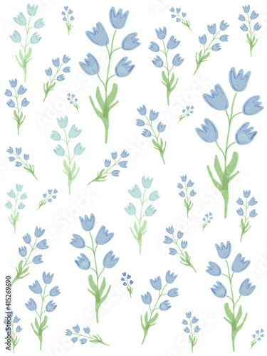 Dainty bell flowers on stems wallpaper on pink and white background (digital illustration) © eqroy