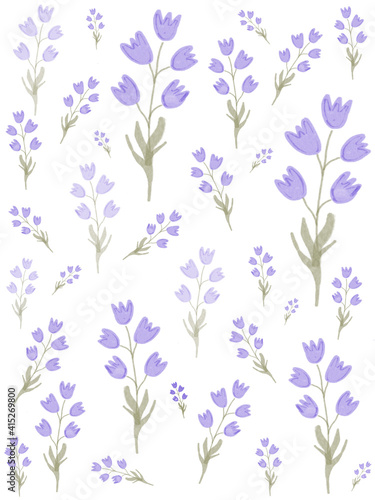 Dainty bell flowers on stems wallpaper on pink and white background (digital illustration)
