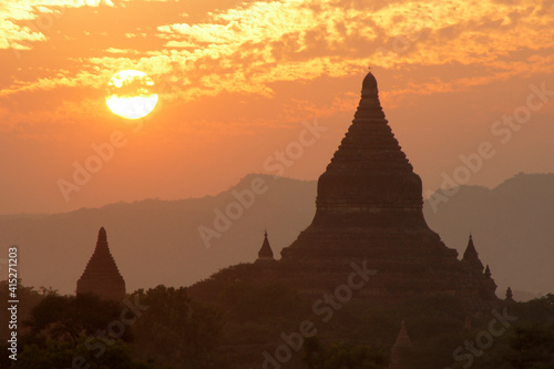 Pagodas and stupas of Bagan  Pagan  at sunset  Myanmar  Burma 