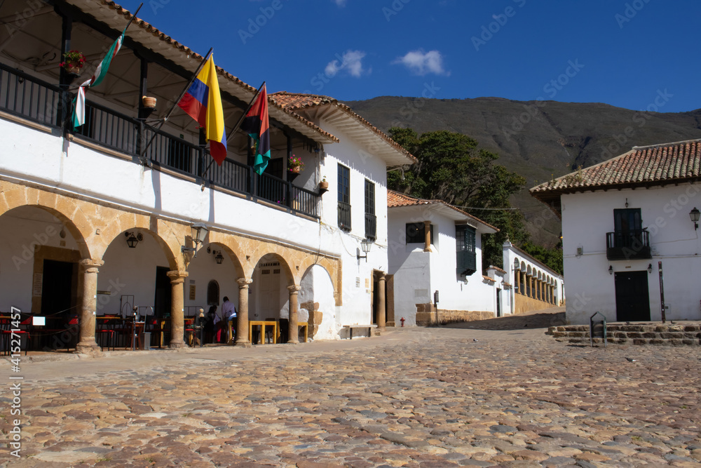 Main square of Villa de Leyva city located on the Boyaca department in Colombia