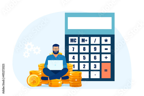 Vector of a man sitting on a pile of cash managing his personal finances working on laptop and using a calculator