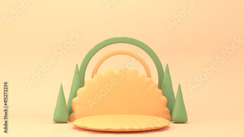 Summer camp on a green lawn with empty pedestal. Clouds, trees and plasticine mountains. Cute illustration in pastel colors. Minimal 3d art style. Empty space for advertising baby products 