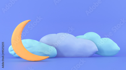 Crescent moon with clouds - badtime card. Sweet dream plasticine background. Cute illustration in pastel colors. Minimal 3d art style. Empty space for advertising baby products  photo