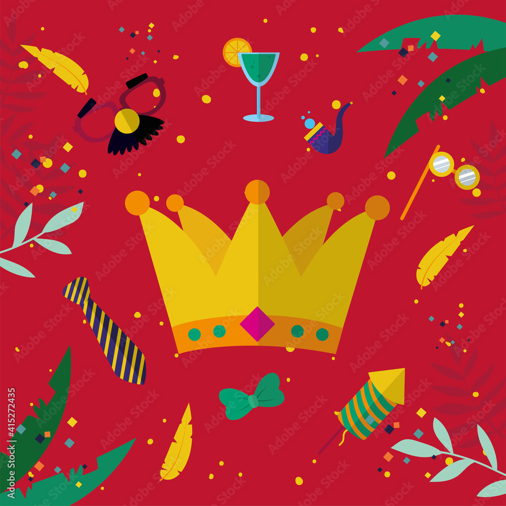 carnival crown with icon set vector design